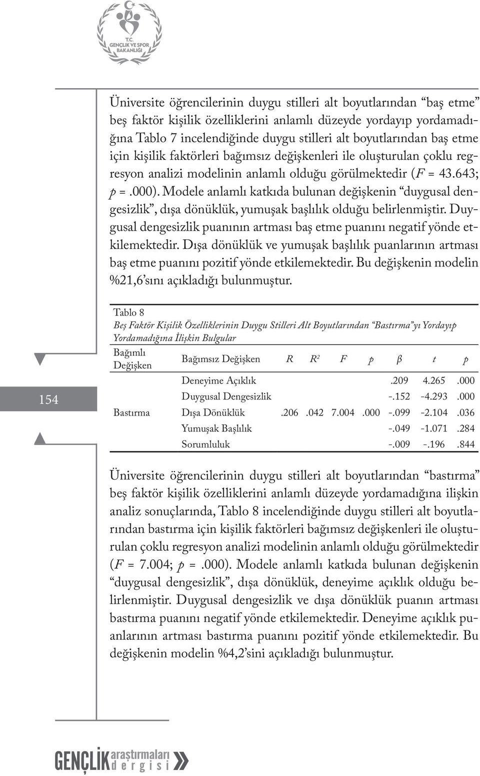 Modele anlamlı katkıda bulunan değişkenin duygusal dengesizlik, dışa dönüklük, yumuşak başlılık olduğu belirlenmiştir.