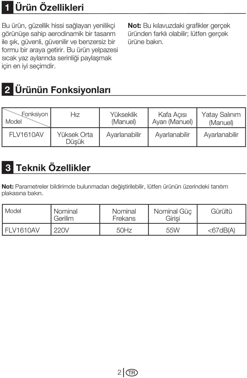 Ürünün Fonksiyonları Fonksiyon Hız Yükseklik Model (Manuel) FLV1610AV Yüksek Orta Düşük Kafa Açısı Ayarı (Manuel) Yatay Salınım (Manuel) Ayarlanabilir Ayarlanabilir Ayarlanabilir 3 Teknik