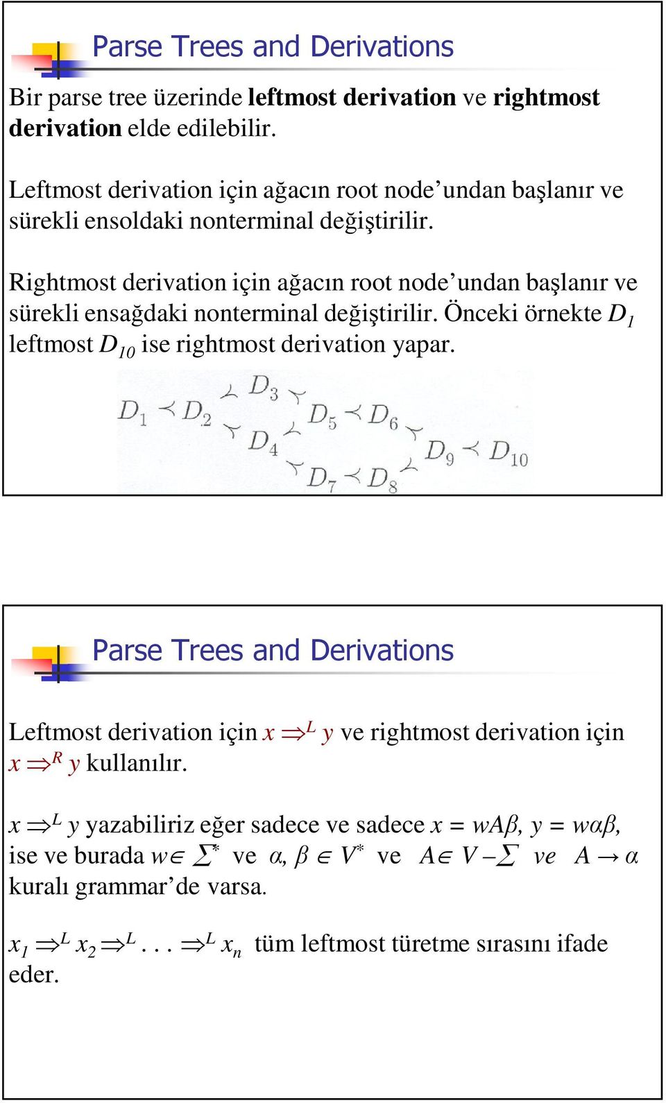 Rightmost derivation için aacın root node undan balanır ve sürekli ensadaki nonterminal deitirilir.