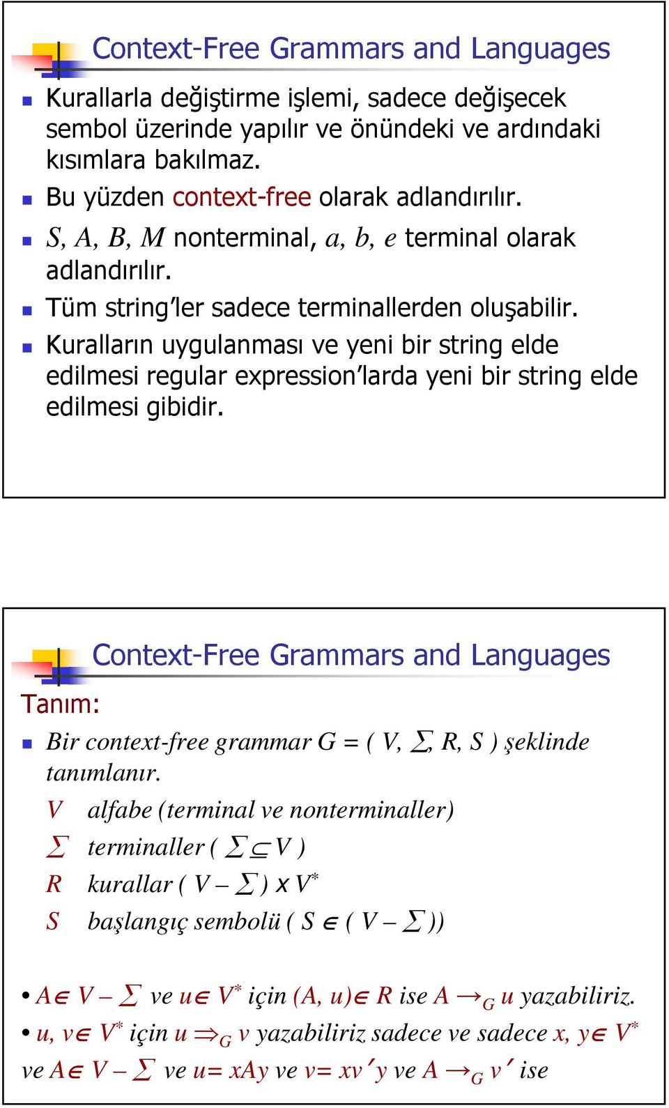 V alfabe (terminal ve nonterminaller) terminaller ( V ) R kurallar ( V ) x V * S balangıç sembolü ( S