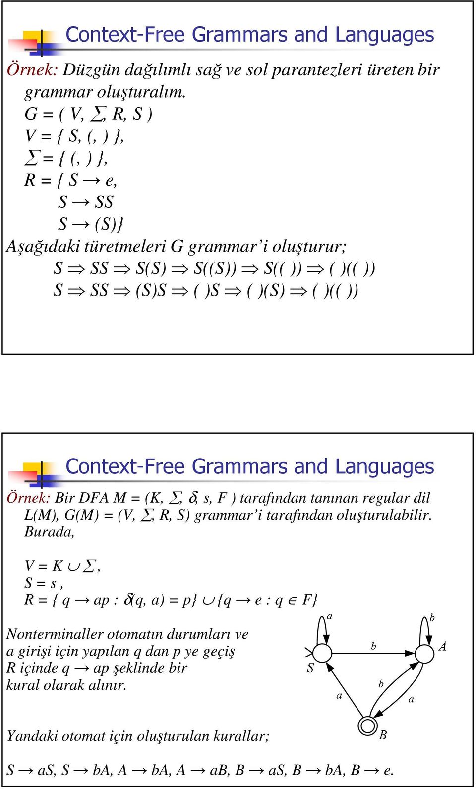 )(S) ( )(( )),-.% Örnek: Bir DFA M = (K,, δ, s, F ) tarafından tanınan regular dil L(M), G(M) = (V,, R, S) grammar i tarafından oluturulabilir.