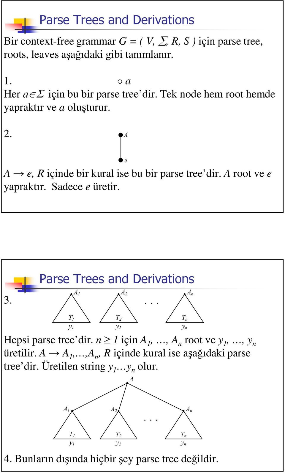 A e, R içinde bir kural ise bu bir parse tree dir. A root ve e yapraktır. Sadece e üretir. 3. 12 Hepsi parse tree dir.