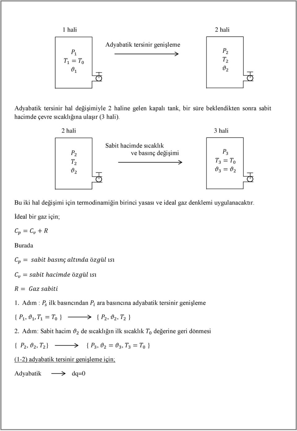 2 hali 3 hali Sabit hacimde sıcaklık ve basınç değişimi Bu iki hal değişimi için termodinamiğin birinci yasası ve ideal gaz denklemi