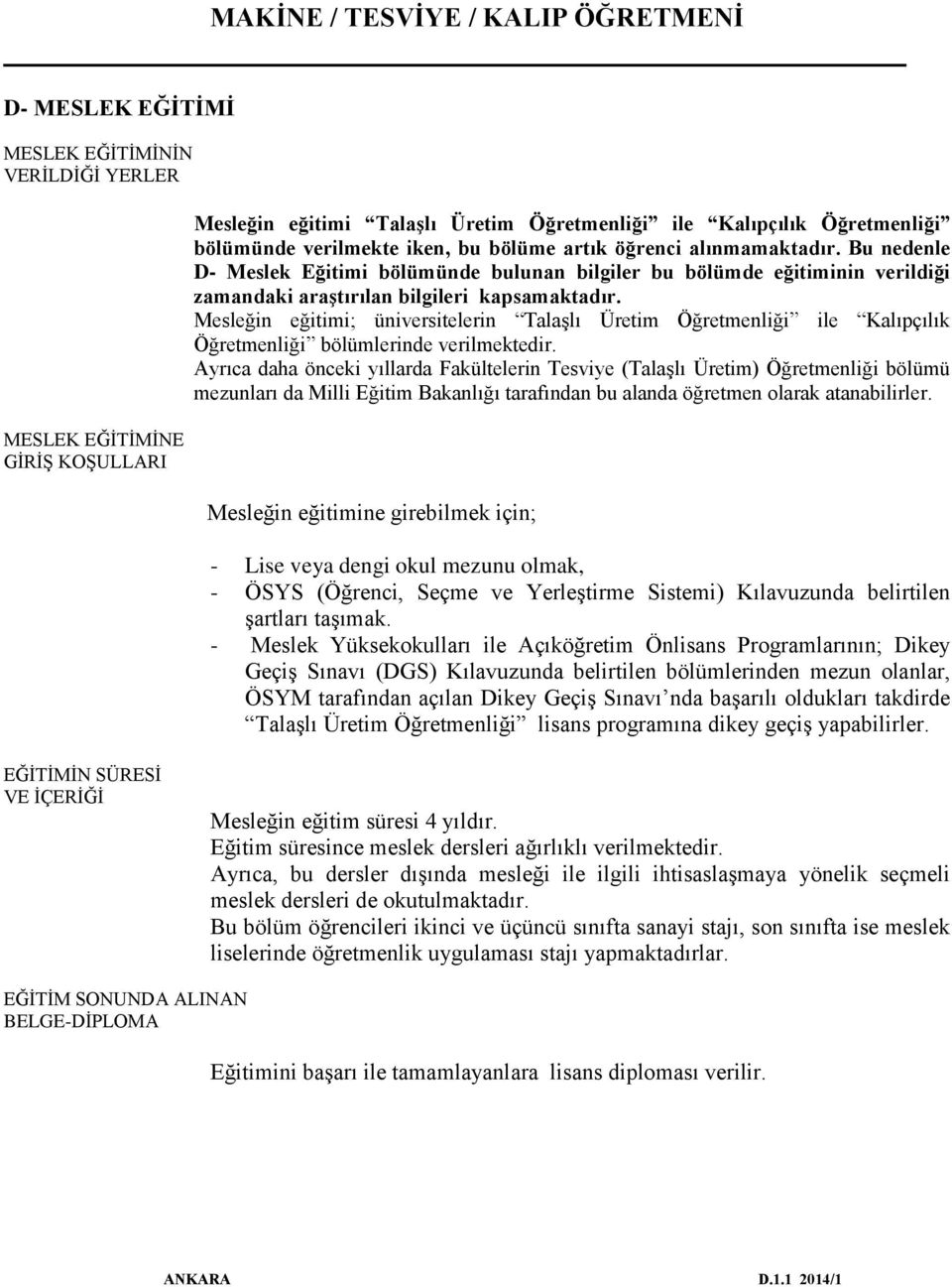 Mesleğin eğitimi; üniversitelerin Talaşlı Üretim Öğretmenliği ile Kalıpçılık Öğretmenliği bölümlerinde verilmektedir.