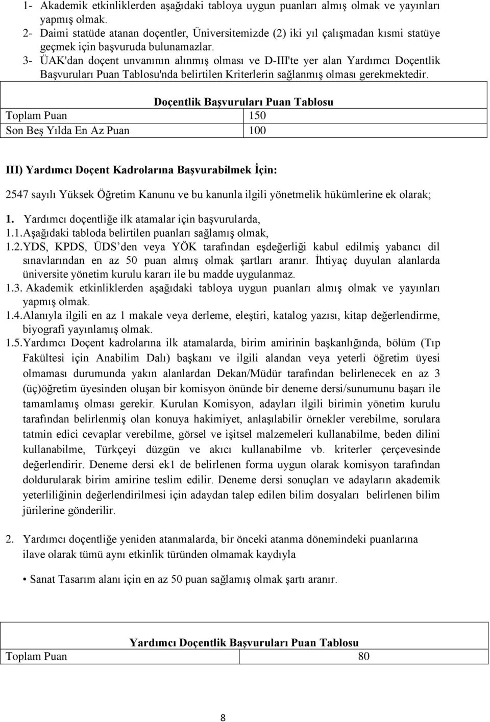 3- ÜAK'dan doçent unvanının alınmış olması ve D-III'te yer alan Yardımcı Doçentlik Başvuruları Puan Tablosu'nda belirtilen Kriterlerin sağlanmış olması gerekmektedir.