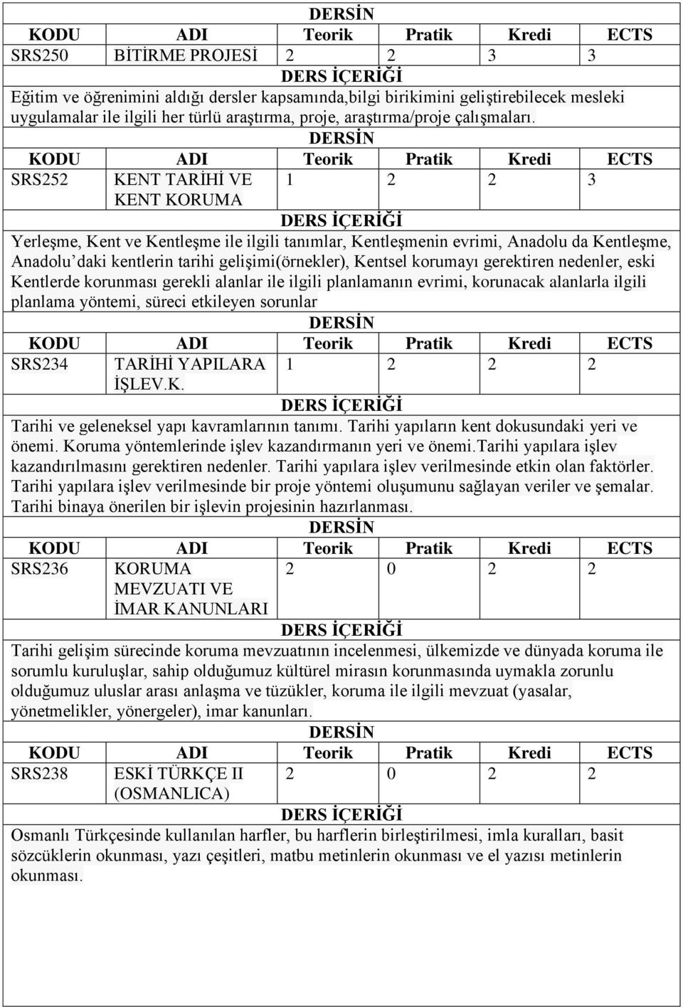 korumayı gerektiren nedenler, eski Kentlerde korunması gerekli alanlar ile ilgili planlamanın evrimi, korunacak alanlarla ilgili planlama yöntemi, süreci etkileyen sorunlar SRS234 TARİHİ YAPILARA