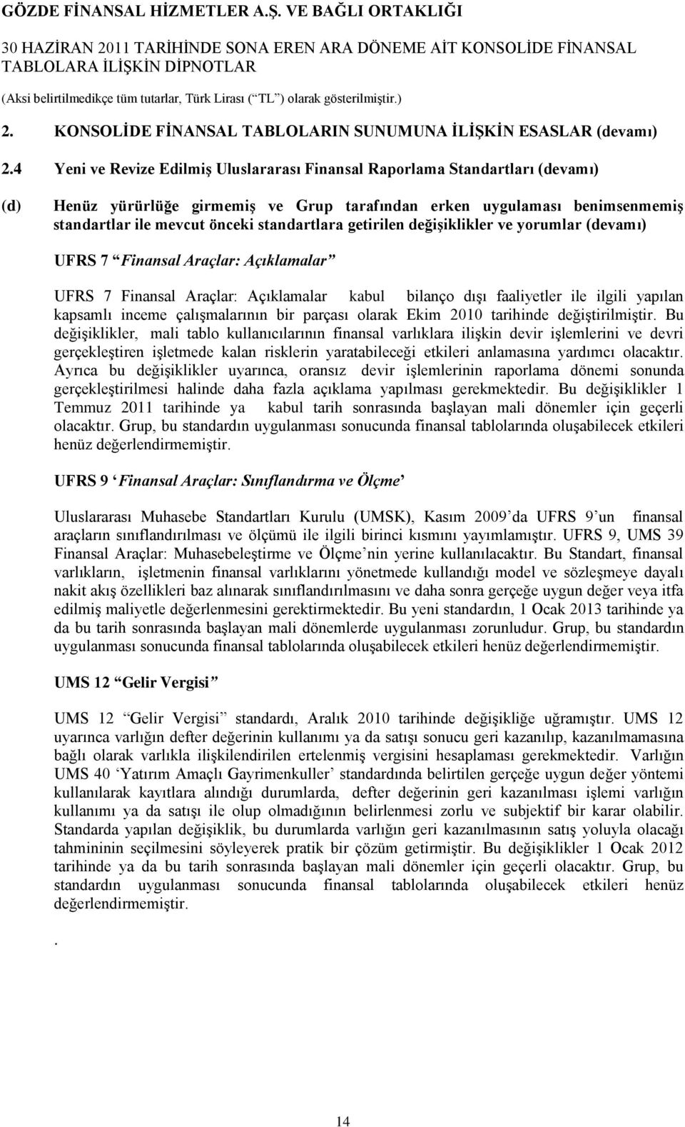 standartlara getirilen değiģiklikler ve yorumlar (devamı) UFRS 7 Finansal Araçlar: Açıklamalar UFRS 7 Finansal Araçlar: Açıklamalar kabul bilanço dıģı faaliyetler ile ilgili yapılan kapsamlı inceme