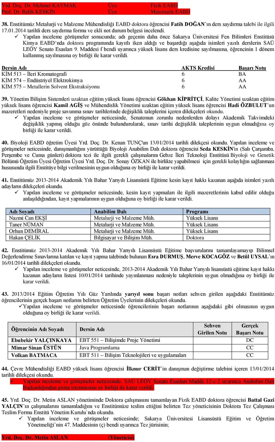 Yapılan inceleme görüşmeler sonucunda; adı geçenin daha önce Sakarya Üniversitesi Fen Bilimleri Enstitüsü Kimya EABD nda doktora programında kayıtlı iken aldığı ve başardığı aşağıda isimleri yazılı