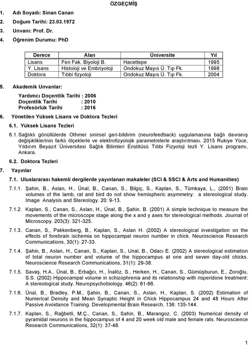 Akademik Unvanlar: Yardımcı Doçentlik Tarihi : 2006 Doçentlik Tarihi : 2010