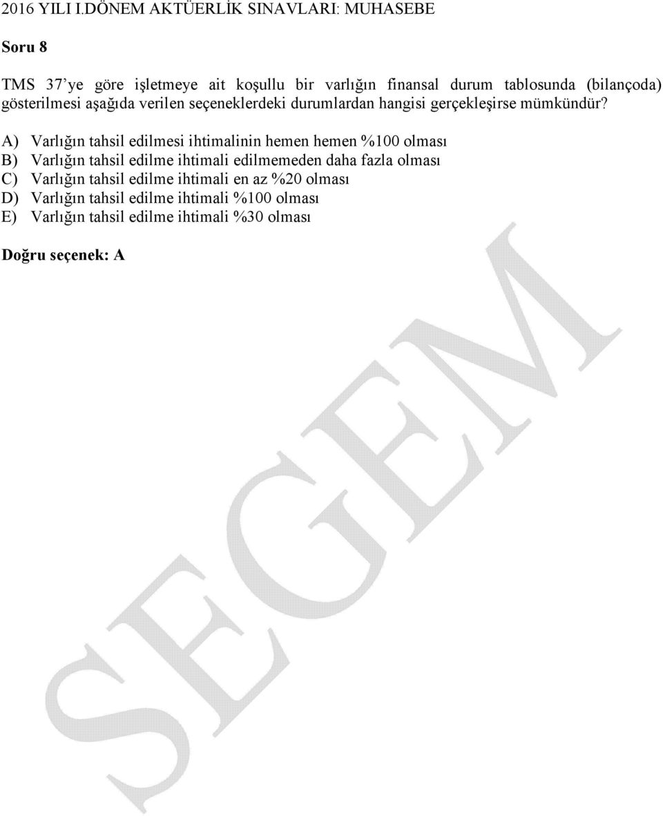 A) Varlığın tahsil edilmesi ihtimalinin hemen hemen %100 olması B) Varlığın tahsil edilme ihtimali edilmemeden daha