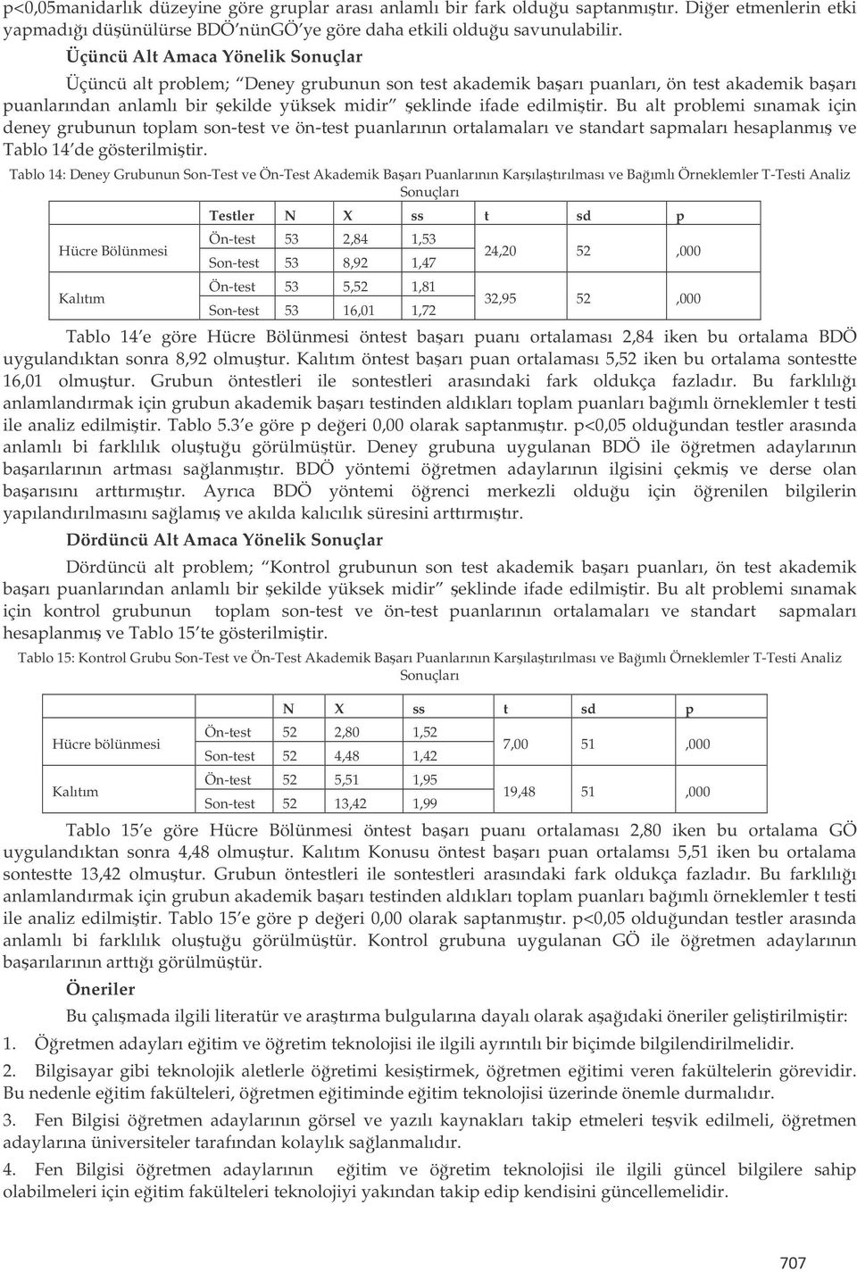 Bu alt problemi sınamak için deney grubunun toplam son-test ve ön-test puanlarının ortalamaları ve standart sapmaları hesaplanmı ve Tablo 14 de gösterilmitir.