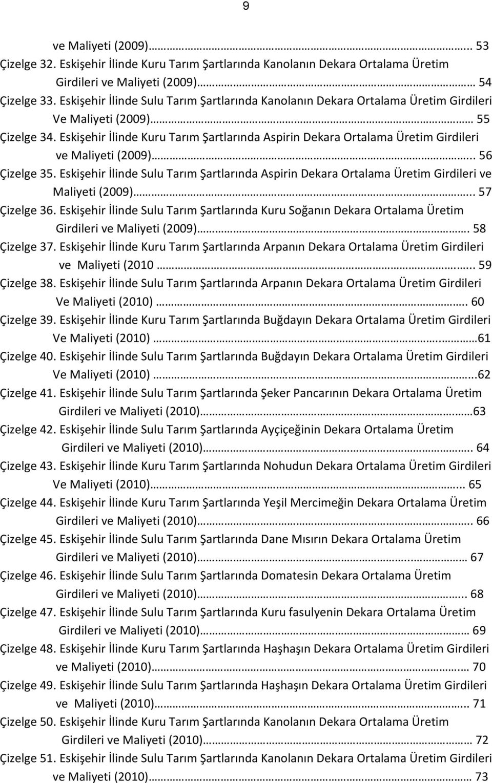 Eskişehir İlinde Kuru Tarım Şartlarında Aspirin Dekara Ortalama Üretim Girdileri ve Maliyeti (2009)... 56 Çizelge 35.