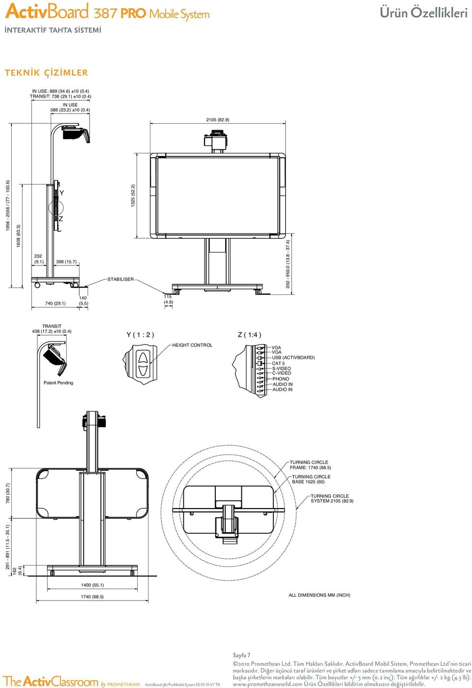 4) Y ( 1 : 2 ) Z ( 1:4 ) Patent Pending HEIGHT CONTROL VGA VGA USB (ACTIVBOARD) CAT 5 S-VIDEO C-VIDEO PHONO AUDIO IN AUDIO IN TURNING CIRCLE FRAME: 1740 (68.