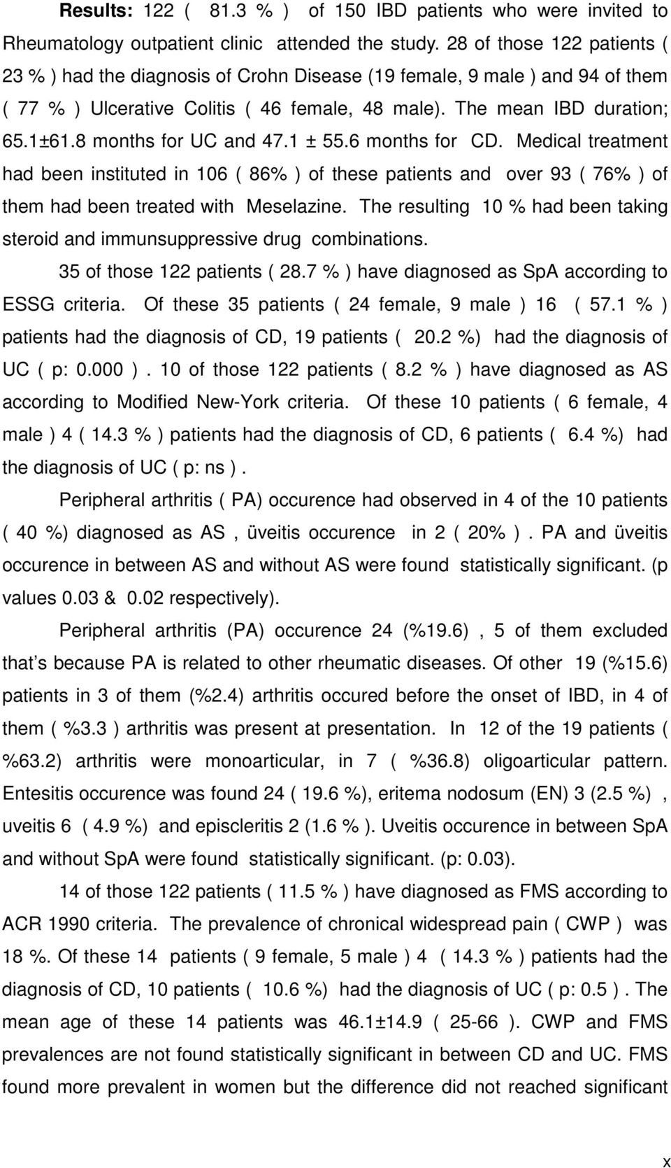 8 months for UC and 47.1 ± 55.6 months for CD. Medical treatment had been instituted in 106 ( 86% ) of these patients and over 93 ( 76% ) of them had been treated with Meselazine.