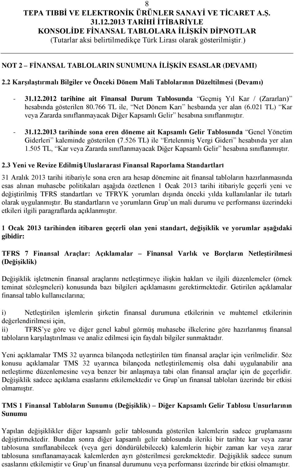 021 TL) Kar veya Zararda sınıflanmayacak Diğer Kapsamlı Gelir hesabına sınıflanmıştır. - 31.12.