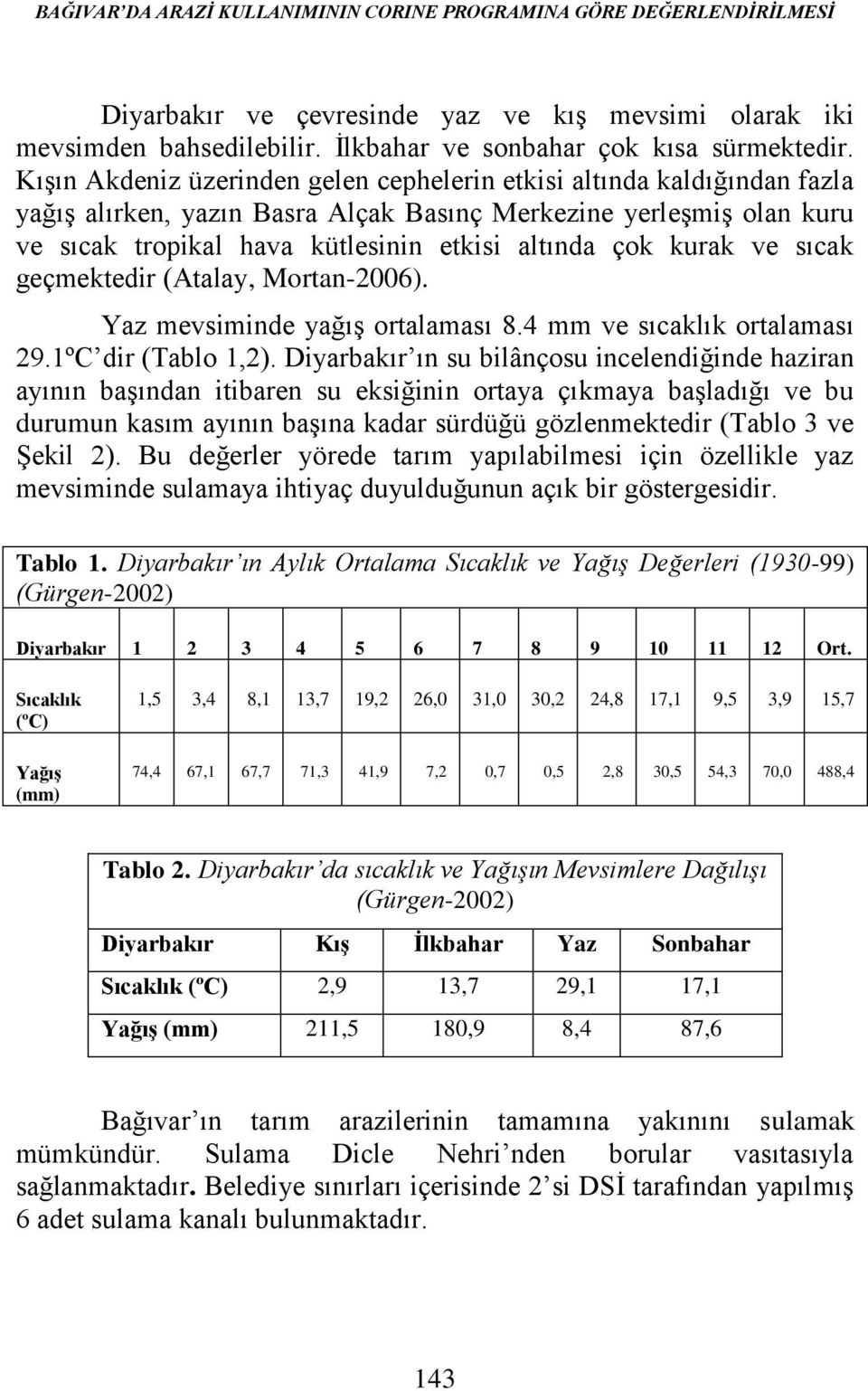 kurak ve sıcak geçmektedir (Atalay, Mortan-2006). Yaz mevsiminde yağış ortalaması 8.4 mm ve sıcaklık ortalaması 29.1ºC dir (Tablo 1,2).