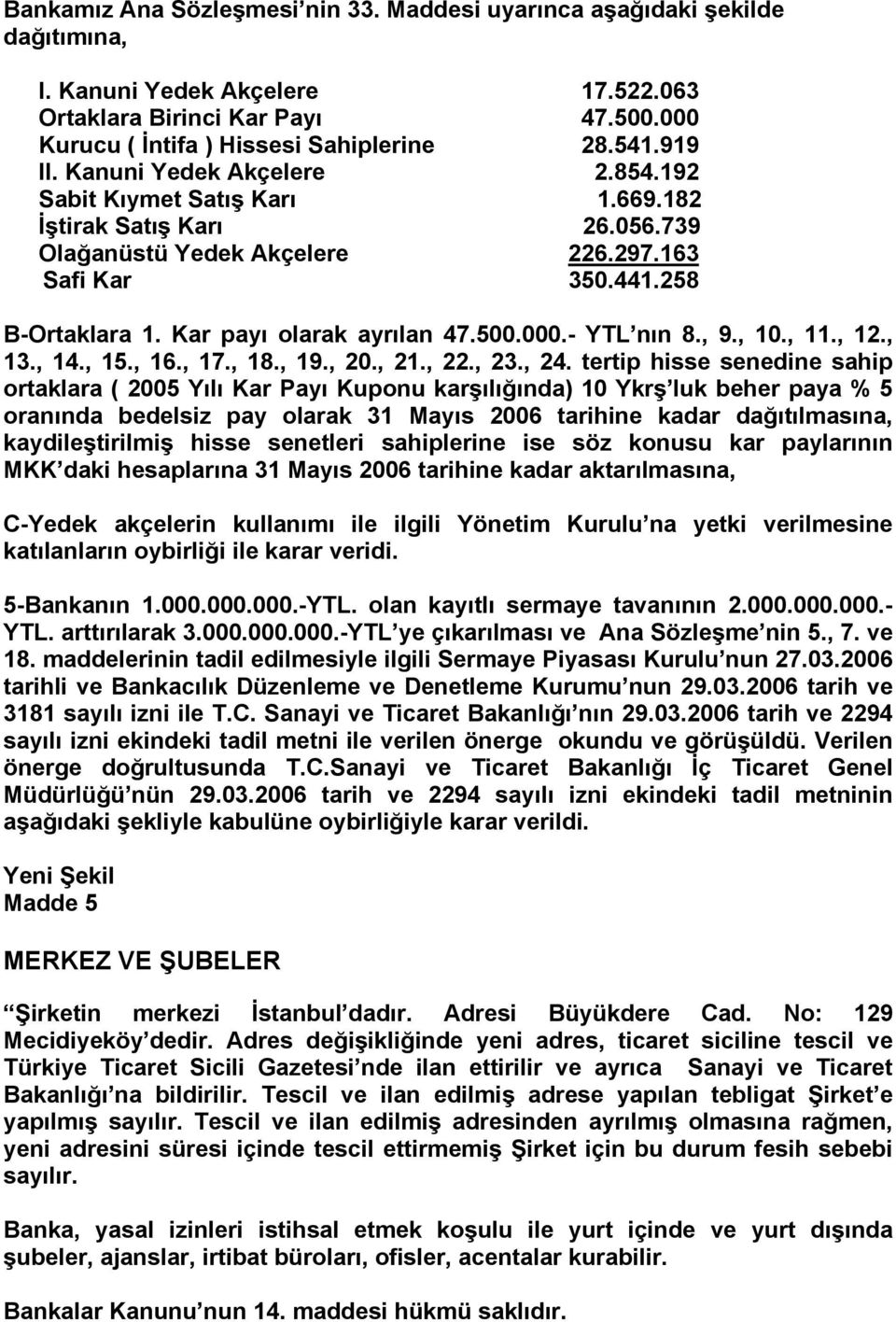 Kar payı olarak ayrılan 47.500.000.- YTL nın 8., 9., 10., 11., 12., 13., 14., 15., 16., 17., 18., 19., 20., 21., 22., 23., 24.