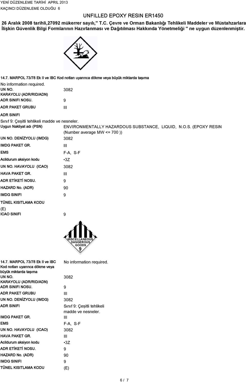 DENİZYOLU (IMDG) IMDG PAKET GR. EMS Acildurum aksiyon kodu F-A, S-F 3Z UN NO. HAVAYOLU (ICAO) HAVA PAKET GR. ADR ETİKETİ NOSU. HAZARD No.