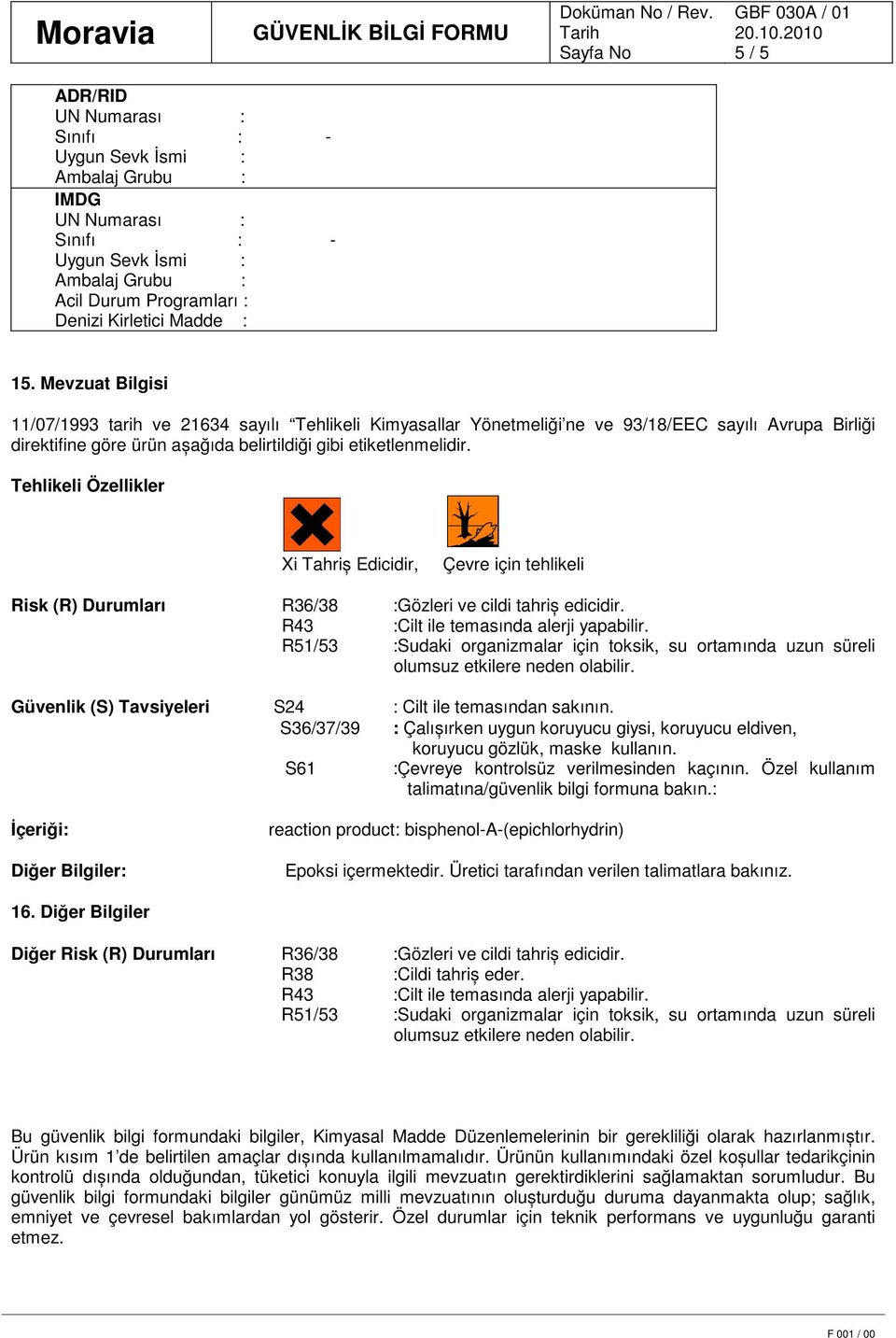 Tehlikeli Özellikler Xi Tahriș Edicidir, Çevre için tehlikeli Risk (R) Durumları R36/38 :Gözleri ve cildi tahriș edicidir. R43 :Cilt ile temasında alerji yapabilir.