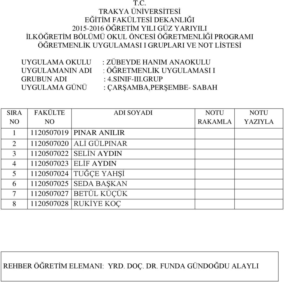 1120507023 ELİF AYDIN 5 1120507024 TUĞÇE YAHŞİ 6 1120507025 SEDA BAŞKAN 7 1120507027