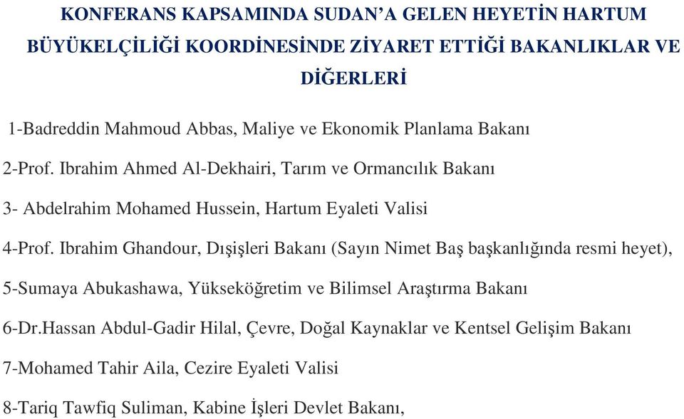 Ibrahim Ghandour, Dışişleri Bakanı (Sayın Nimet Baş başkanlığında resmi heyet), 5-Sumaya Abukashawa, Yükseköğretim ve Bilimsel Araştırma Bakanı 6-Dr.