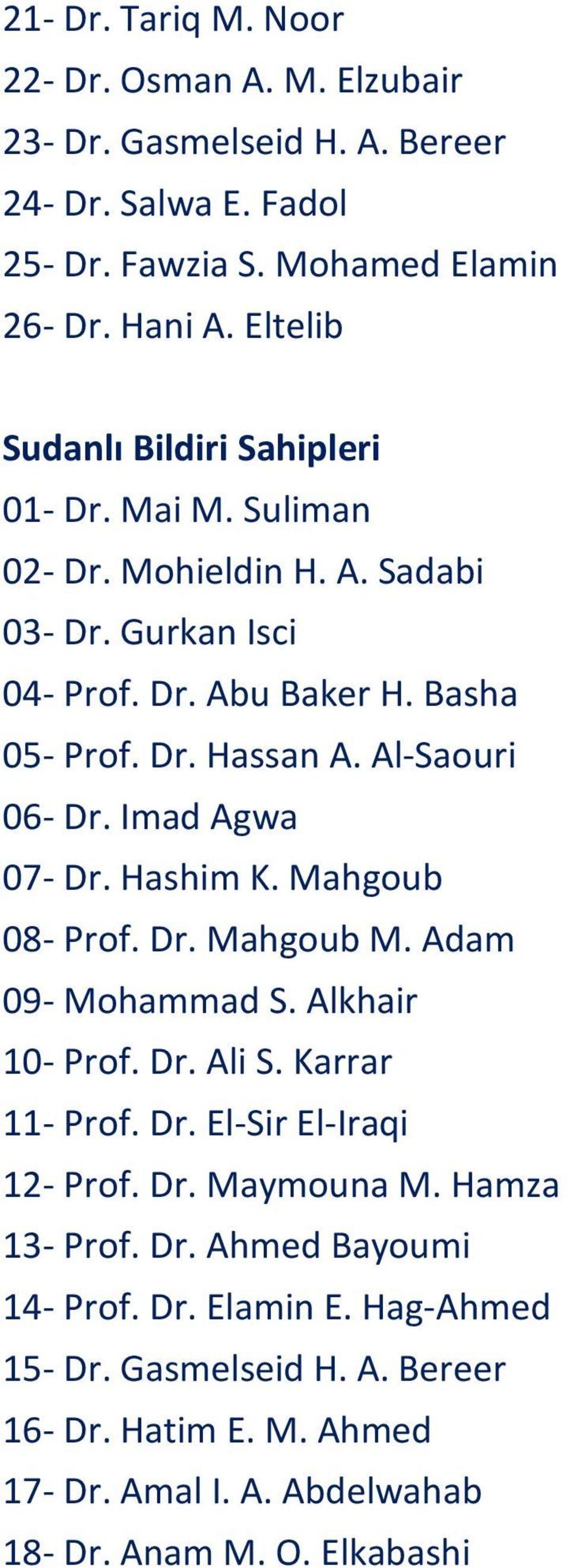 Al-Saouri 06- Dr. Imad Agwa 07- Dr. Hashim K. Mahgoub 08- Prof. Dr. Mahgoub M. Adam 09- Mohammad S. Alkhair 10- Prof. Dr. Ali S. Karrar 11- Prof. Dr. El-Sir El-Iraqi 12- Prof.