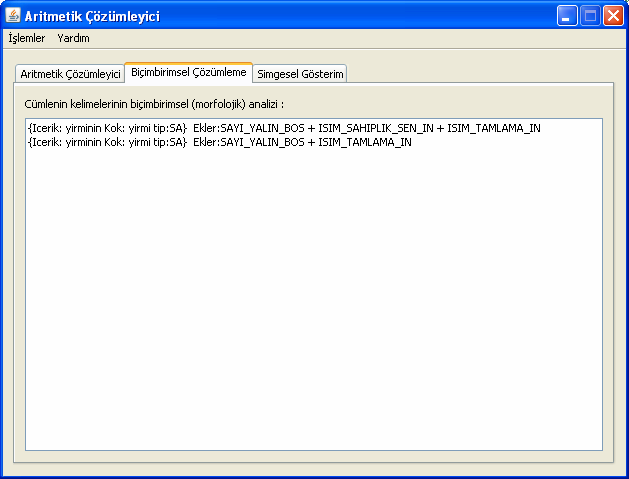 Şekil 5.5: yirminin kelimesinin morfolojik analizi Şekil 5.5 te de görüldüğü gibi yirminin kelimesi tamlayan eki içermektedir. Buradan bu sayının işlem yapılacak sayı olduğu sonucu çıkarılacaktır.