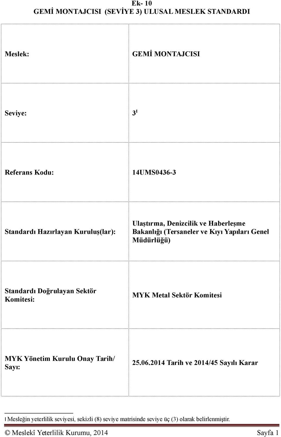 Doğrulayan Sektör Komitesi: MYK Metal Sektör Komitesi MYK Yönetim Kurulu Onay Tarih/ Sayı: 25.06.