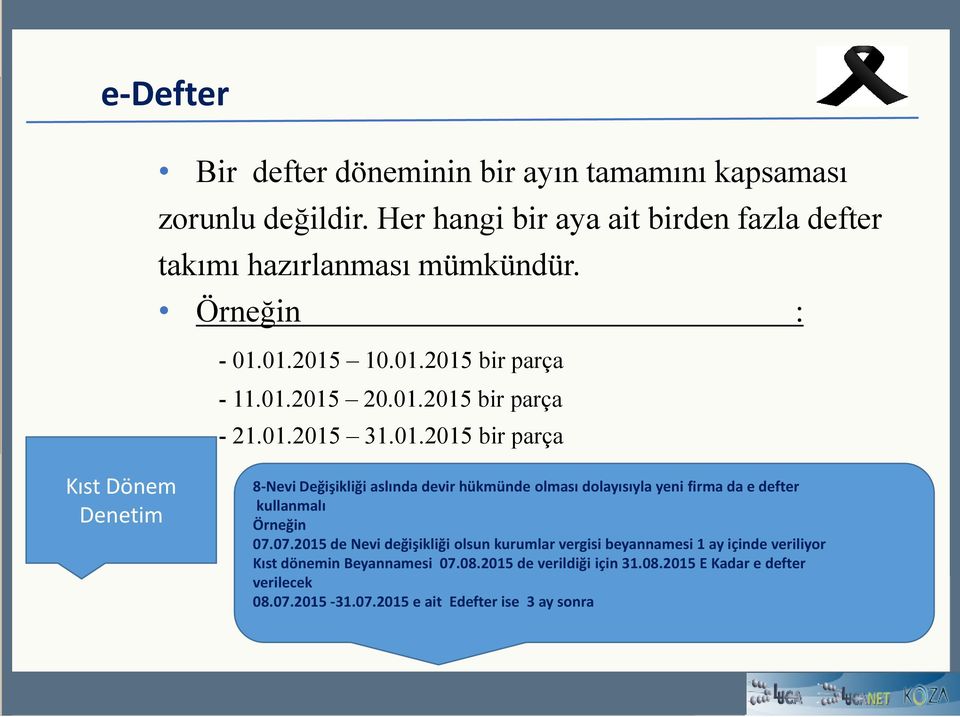 01.2015 10.01.2015 bir parça - 11.01.2015 20.01.2015 bir parça - 21.01.2015 31.01.2015 bir parça Kıst Dönem Denetim 8-Nevi Değişikliği aslında devir hükmünde olması dolayısıyla yeni firma da e defter kullanmalı Örneğin 07.