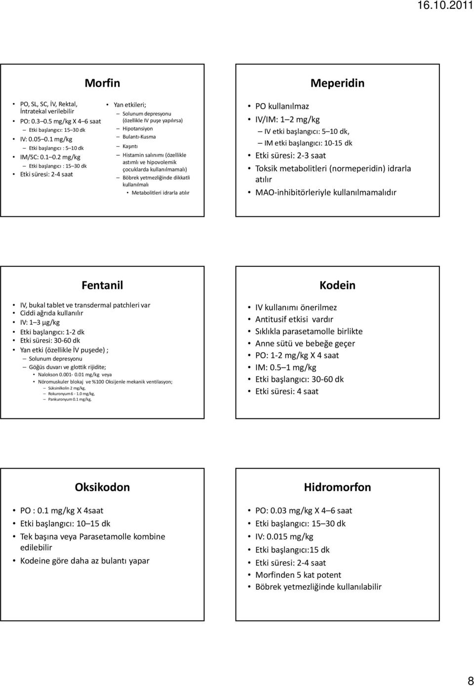 hipovolemik çocuklarda kullanılmamalı) Böbrek yetmezliğinde dikkatli kullanılmalı Metabolitleri idrarla atılır Meperidin PO kullanılmaz IV/IM: 1 2 mg/kg IVetki başlangıcı:5 10 dk, IM etki