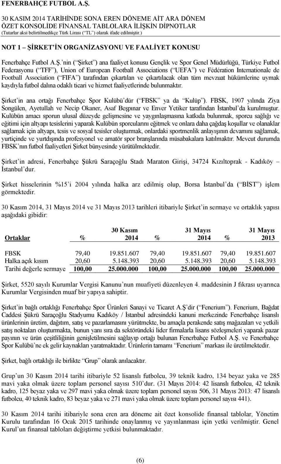 RKET İN ORGANİZASYONU VE FAALİYET KONUSU Fenerbahçe Futbol A.Ş.