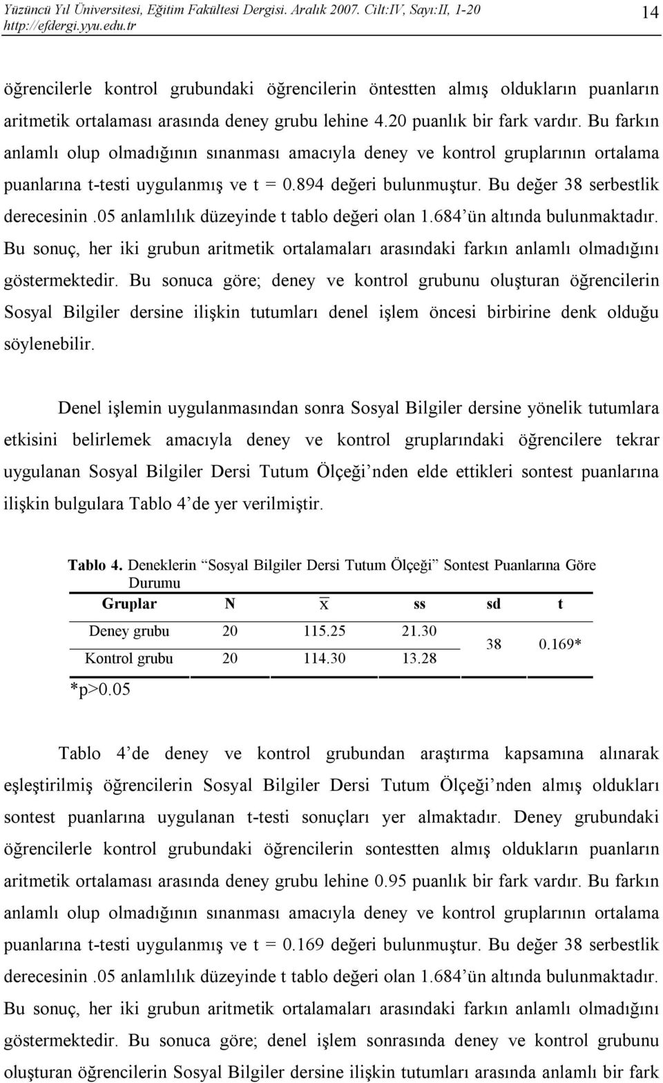 05 anlamlılık düzeyinde t tablo değeri olan 1.684 ün altında bulunmaktadır. Bu sonuç, her iki grubun aritmetik ortalamaları arasındaki farkın anlamlı olmadığını göstermektedir.