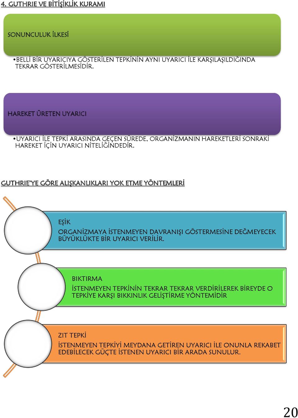 GUTHRIE YE GÖRE ALIŞKANLIKLARI YOK ETME YÖNTEMLERİ EŞİK ORGANİZMAYA İSTENMEYEN DAVRANIŞI GÖSTERMESİNE DEĞMEYECEK BÜYÜKLÜKTE BİR UYARICI VERİLİR.