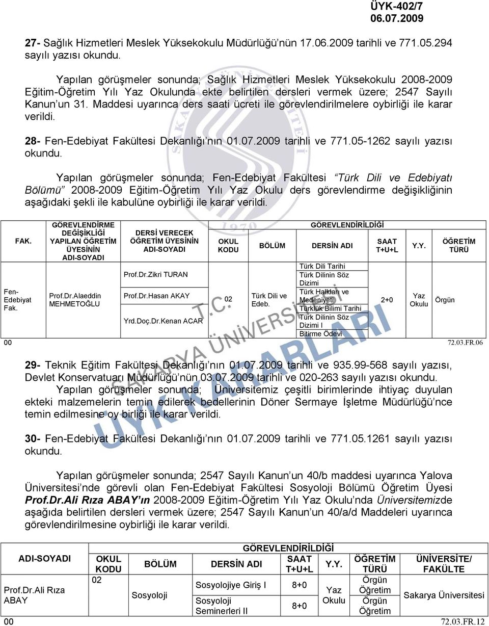 Maddesi uyarınca ders saati ücreti ile görevlendirilmelere oybirliği ile karar 28- Fen-Edebiyat Fakültesi Dekanlığı nın 01.07.2009 tarihli ve 771.