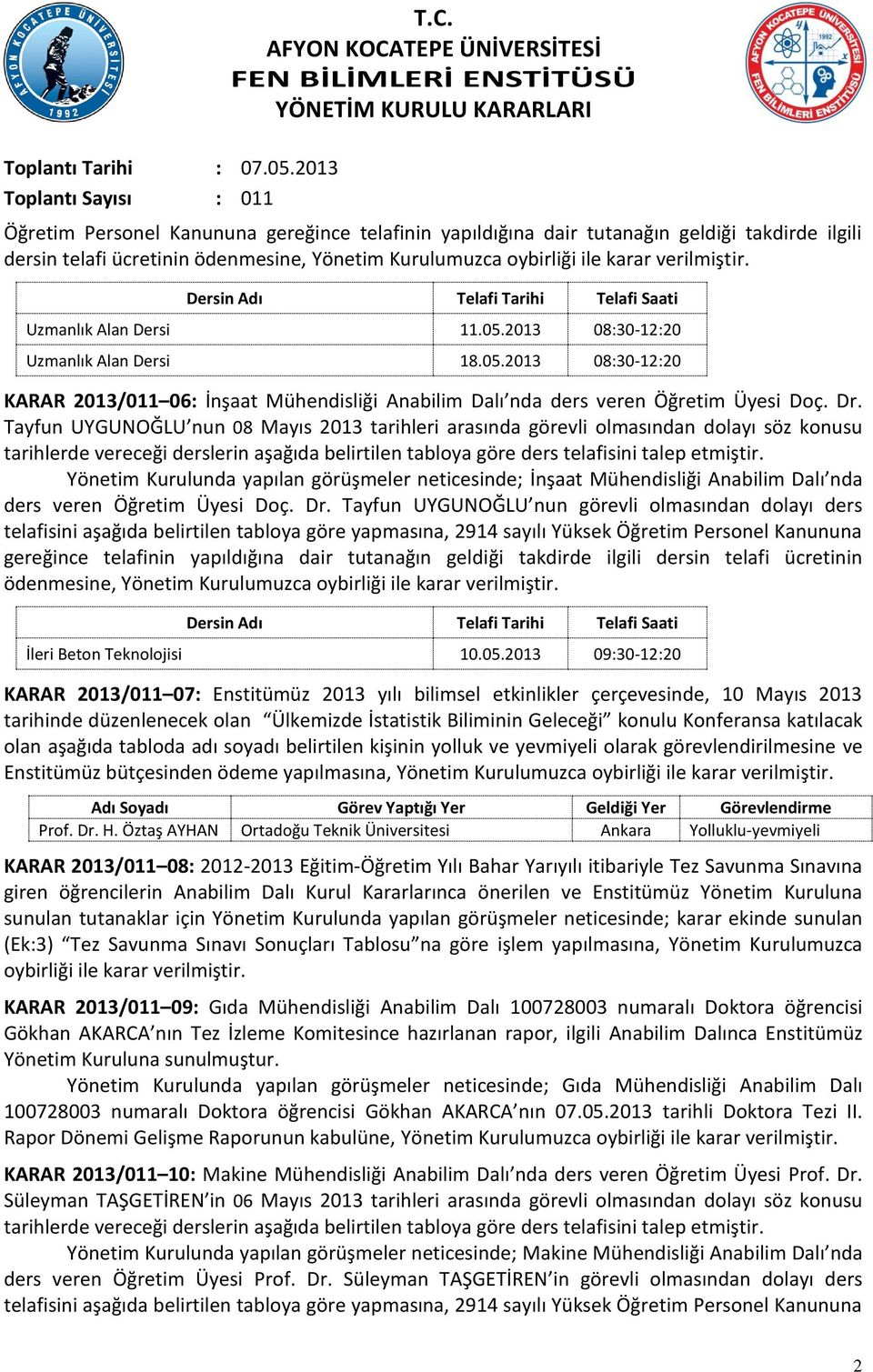 ödenmesine, Yönetim Kurulumuzca oybirliği ile karar verilmiştir. Dersin Adı Telafi Tarihi Telafi Saati Uzmanlık Alan Dersi 11.05.