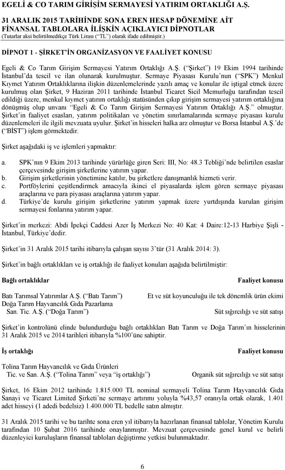 İstanbul Ticaret Sicil Memurluğu tarafından tescil edildiği üzere, menkul kıymet yatırım ortaklığı statüsünden çıkıp girişim sermayesi yatırım ortaklığına dönüşmüş olup unvanı Egeli & Co Tarım