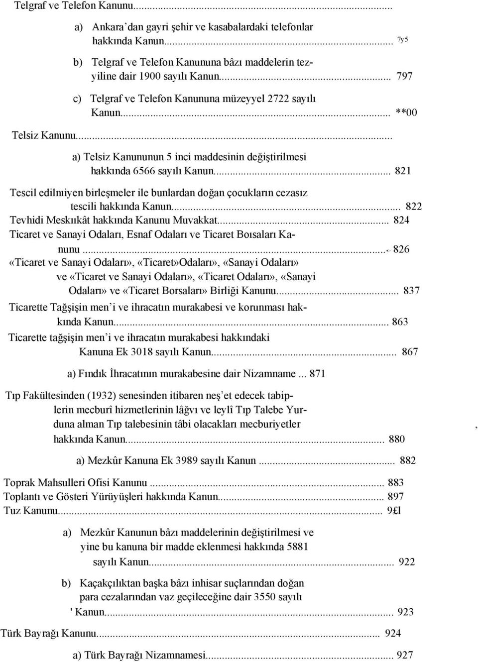 .. 821 Tescil edilnıiyen birleşmeler ile bunlardan doğan çocukların cezasız tescili hakkında Kanun... 822 Tevhidi Meskııkât hakkında Kanunu Muvakkat.