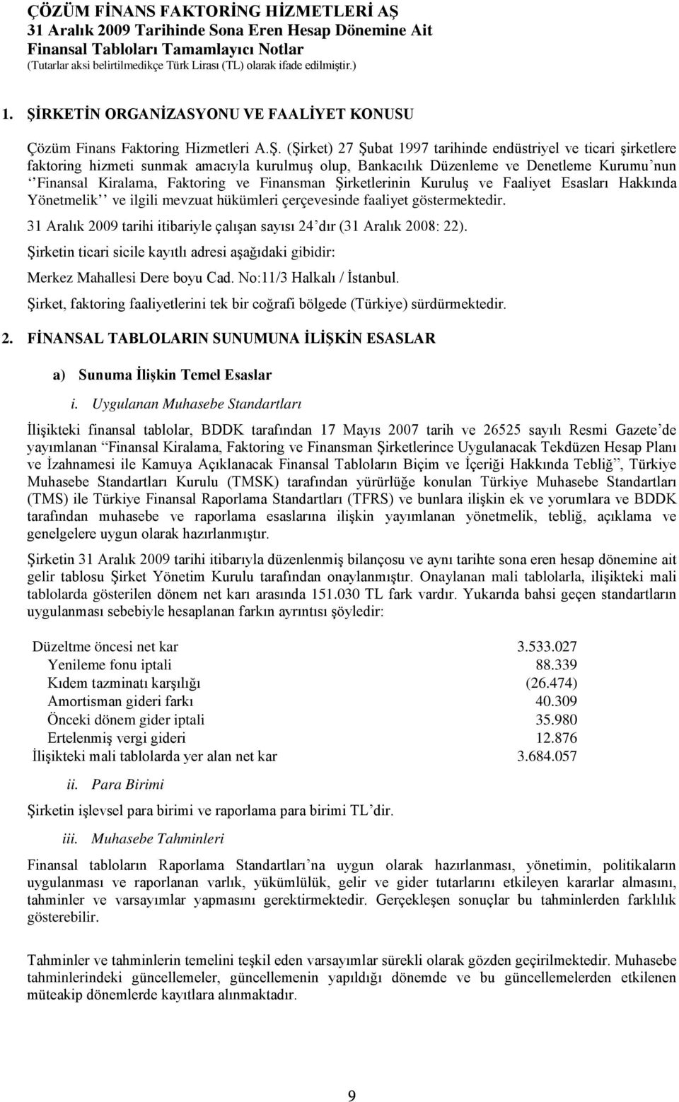 göstermektedir. 31 Aralık 2009 tarihi itibariyle çalışan sayısı 24 dır (31 Aralık 2008: 22). Şirketin ticari sicile kayıtlı adresi aşağıdaki gibidir: Merkez Mahallesi Dere boyu Cad.