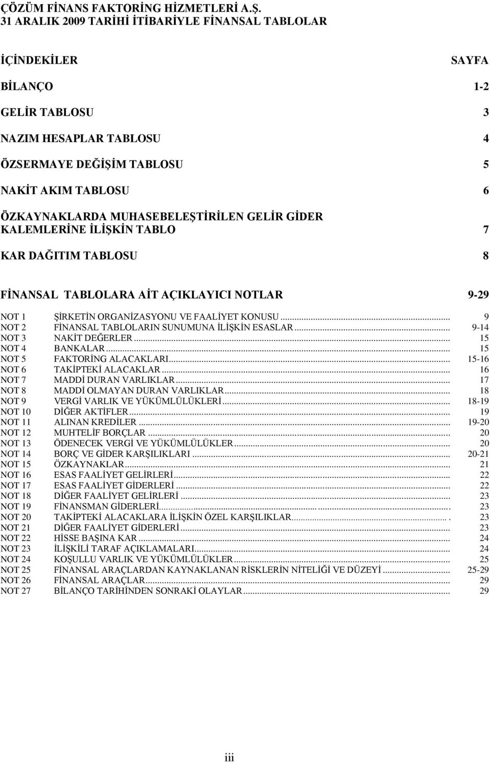 MUHASEBELEŞTİRİLEN GELİR GİDER KALEMLERİNE İLİŞKİN TABLO 7 KAR DAĞITIM TABLOSU 8 FİNANSAL TABLOLARA AİT AÇIKLAYICI NOTLAR 9-29 NOT 1 ŞİRKETİN ORGANİZASYONU VE FAALİYET KONUSU.