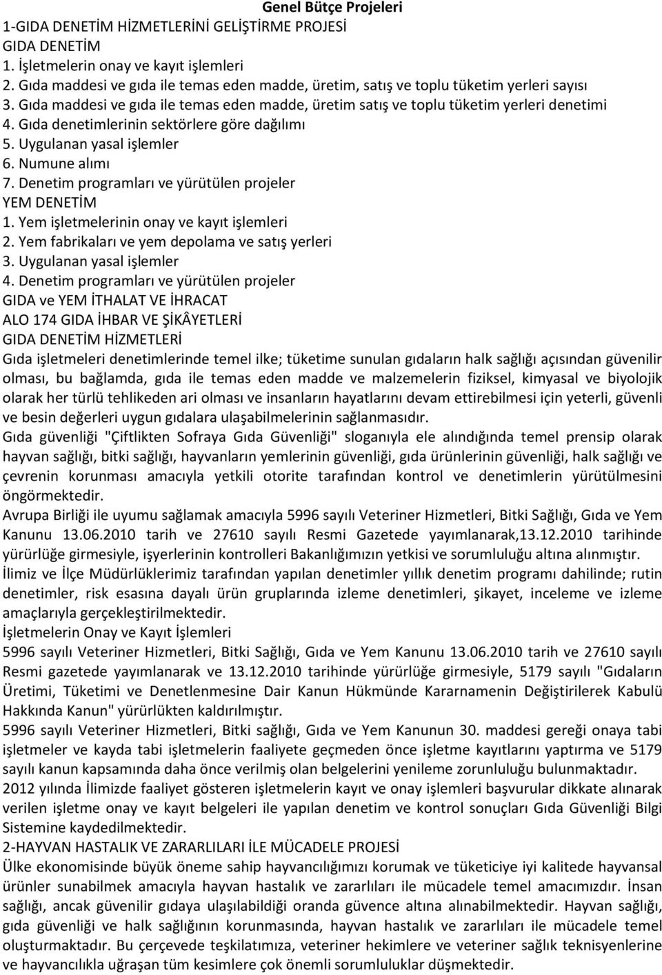 Gıda denetimlerinin sektörlere göre dağılımı 5. Uygulanan yasal işlemler 6. Numune alımı 7. Denetim programları ve yürütülen projeler YEM DENETİM 1. Yem işletmelerinin onay ve kayıt işlemleri 2.