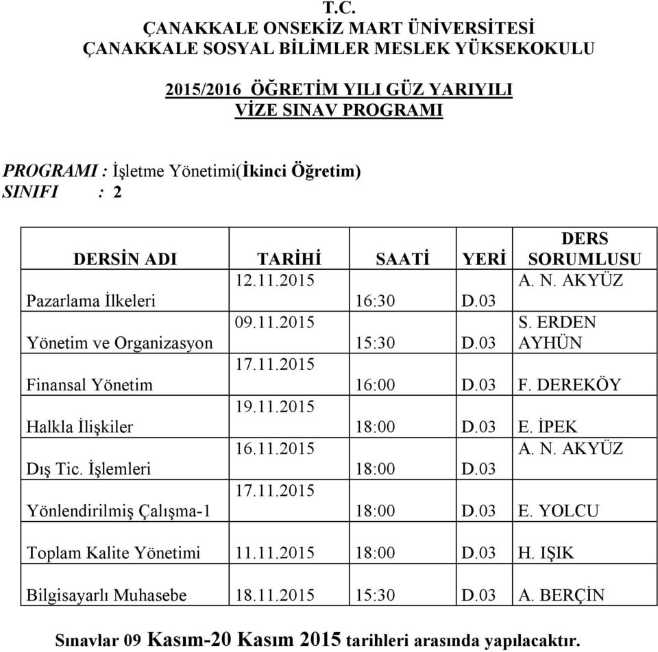 03 F. DEREKÖY 19.11.2015 Halkla İlişkiler 18:00 D.03 E. İPEK 16.11.2015 A. N. AKYÜZ Dış Tic. İşlemleri 18:00 D.03 17.11.2015 Yönlendirilmiş Çalışma-1 18:00 D.