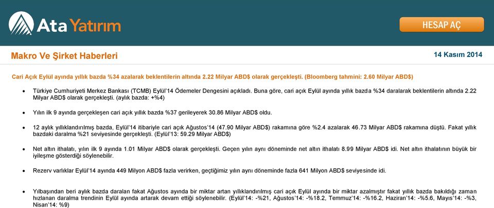 22 Milyar ABD$ olarak gerçekleşti. (aylık bazda: +%4) Yılın ilk 9 ayında gerçekleşen cari açık yıllık bazda %37 gerileyerek 30.86 Milyar ABD$ oldu.