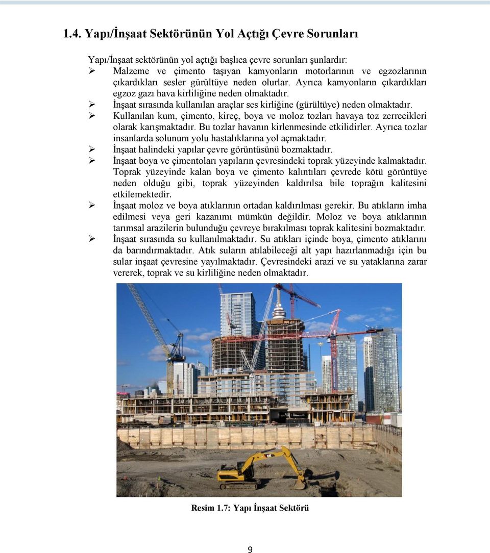 İnşaat sırasında kullanılan araçlar ses kirliğine (gürültüye) neden olmaktadır. Kullanılan kum, çimento, kireç, boya ve moloz tozları havaya toz zerrecikleri olarak karışmaktadır.