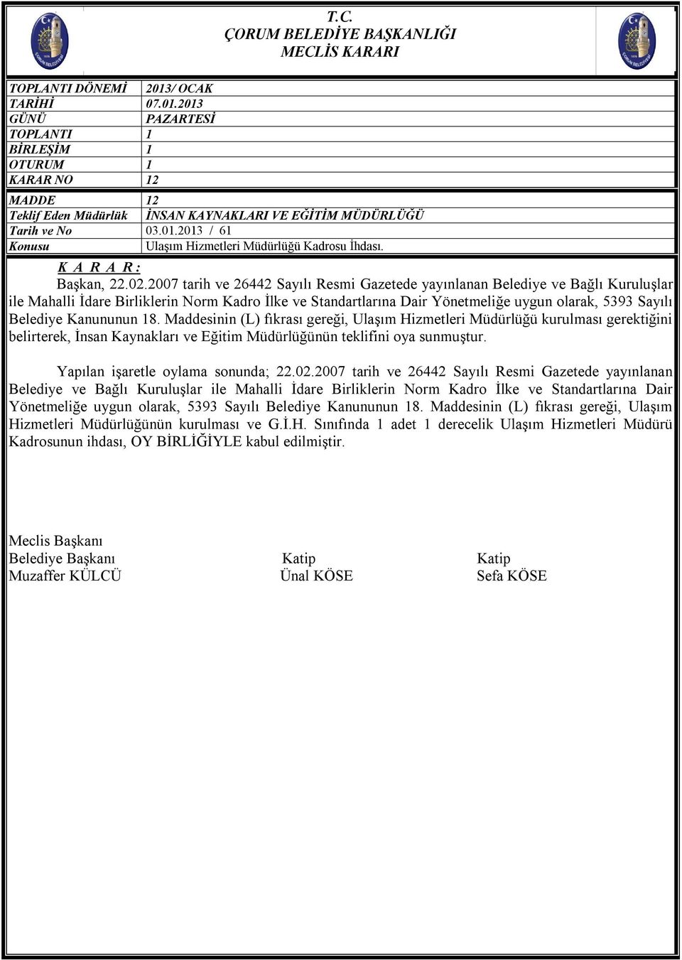 2007 tarih ve 26442 Sayılı Resmi Gazetede yayınlanan Belediye ve Bağlı Kuruluşlar ile Mahalli İdare Birliklerin Norm Kadro İlke ve Standartlarına Dair Yönetmeliğe uygun olarak, 5393 Sayılı Belediye