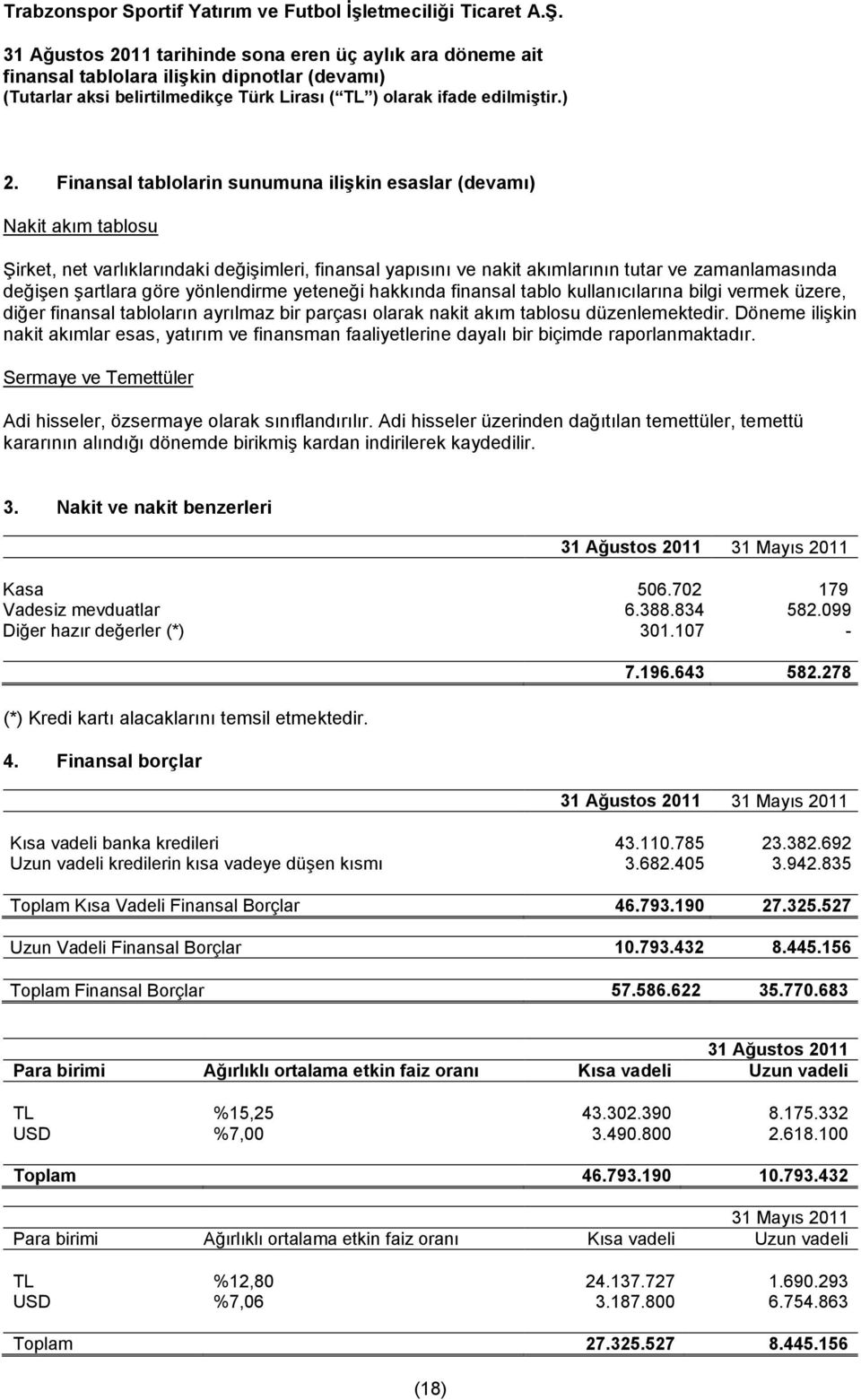 Döneme ilişkin nakit akımlar esas, yatırım ve finansman faaliyetlerine dayalı bir biçimde raporlanmaktadır. Sermaye ve Temettüler Adi hisseler, özsermaye olarak sınıflandırılır.