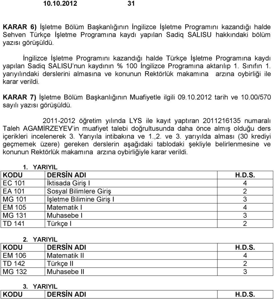 yarıyılındaki derslerini almasına ve konunun Rektörlük makamına arzına oybirliği ile karar verildi. KARAR 7) İşletme Bölüm Başkanlığının Muafiyetle ilgili 09.10.2012 tarih ve 10.