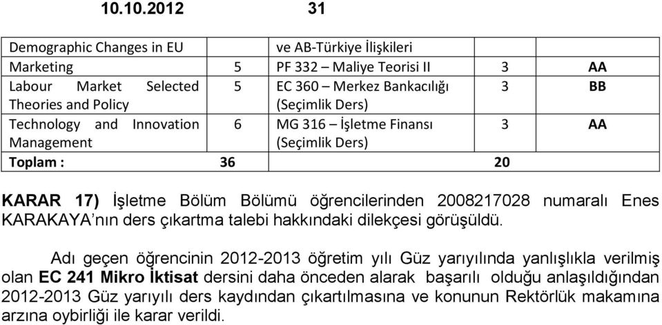 numaralı Enes KARAKAYA nın ders çıkartma talebi hakkındaki dilekçesi görüşüldü.