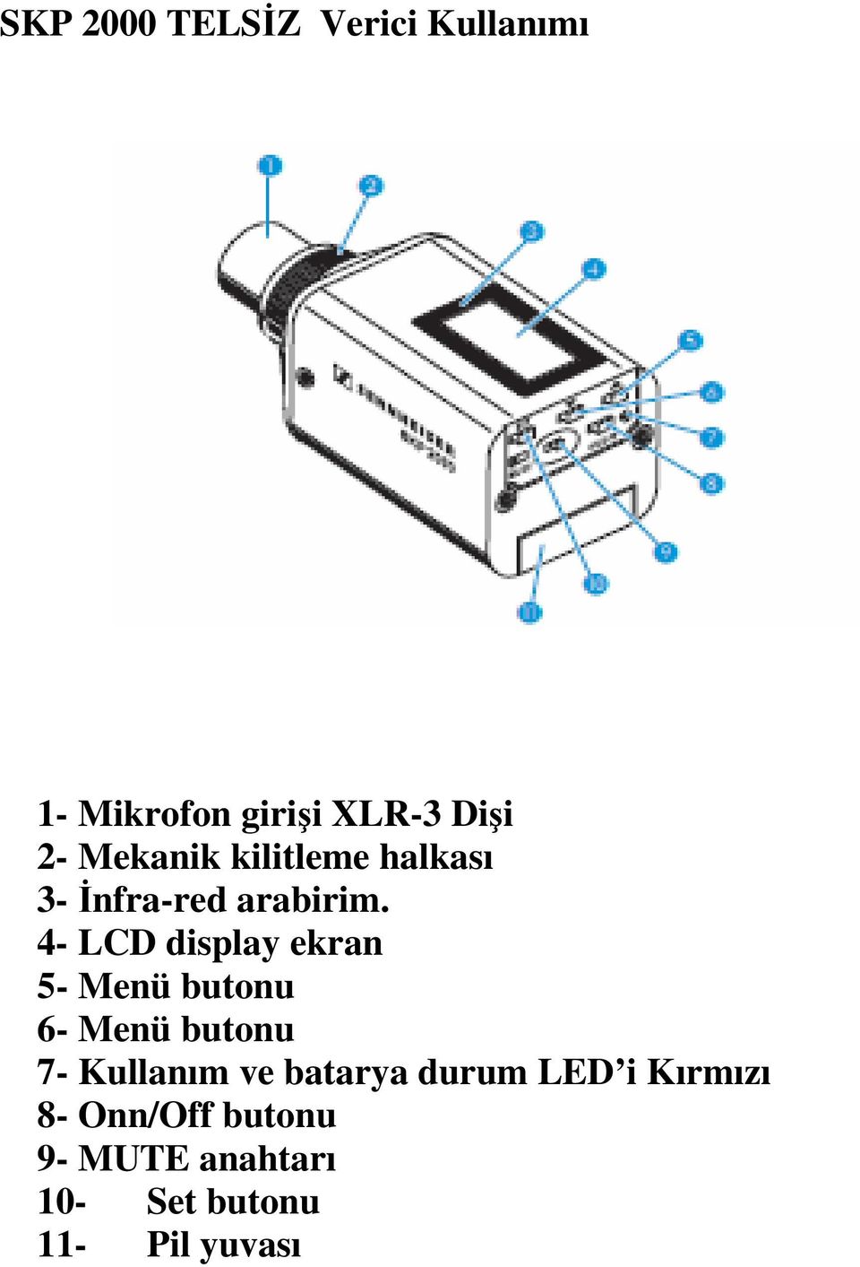 4- LCD display ekran 5- Menü butonu 6- Menü butonu 7- Kullanım ve