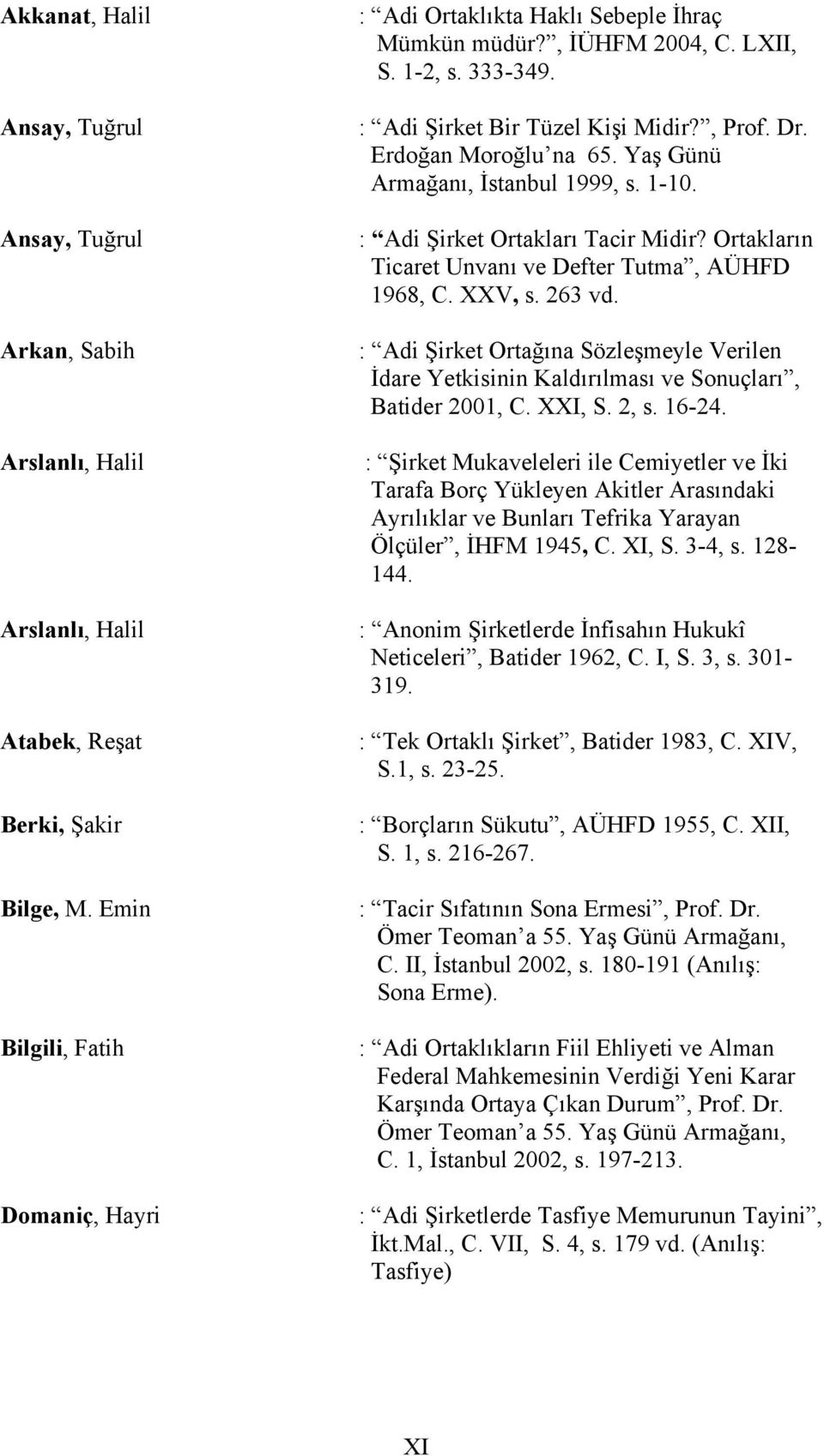 Yaş Günü Armağanı, İstanbul 1999, s. 1-10. : Adi Şirket Ortakları Tacir Midir? Ortakların Ticaret Unvanı ve Defter Tutma, AÜHFD 1968, C. XXV, s. 263 vd.