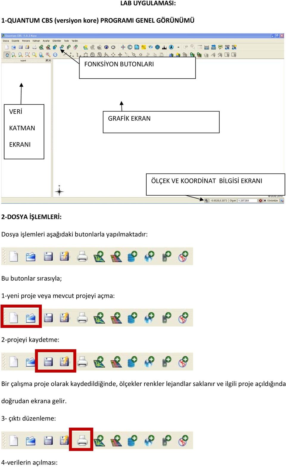 butonlar sırasıyla; 1 yeni proje veya mevcut projeyi açma: 2 projeyi kaydetme: Bir çalışma proje olarak